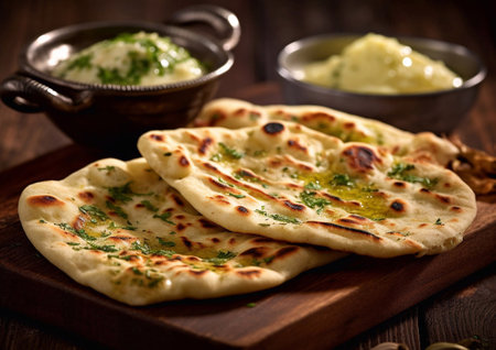 Naan flatbread with herbs and dip on chopping board.AI Generativeの素材