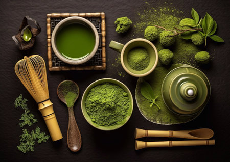 Set of healthy organic matcha green tea with powder and bamboo utensils on wooden table.AI Generativeの素材