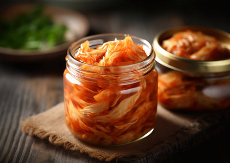 Kimchi spicy food in glass jar on wooden table.AI Generativeの素材