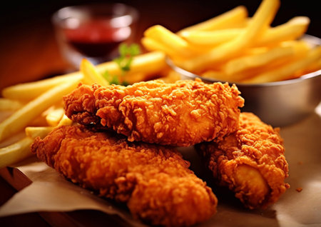 Fast food meal with fried chicken meal and fries on table.AI Generativeの素材