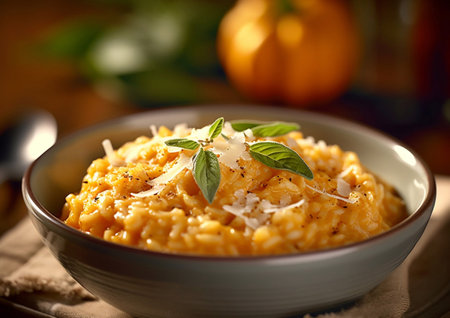 Vegan pumpkin risotto rice on table.AI Generativeの素材