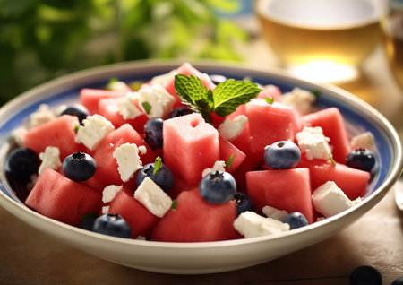 Summer salad with feta cheese,watermelon and blueberries on table.AI Generativeの素材