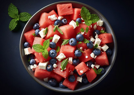 Plate with feta cheese and watermelon with blueberries salad on table.Top view.AI Generativeの素材