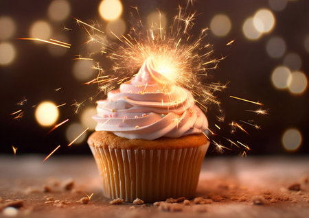 Cupcake with sparkler on dark background for birthday.AI Generativeの素材