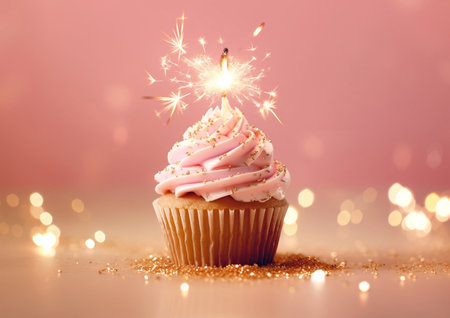 Birthday cupcake with sparkler and sprinklers on pink background.AI Generativeの素材