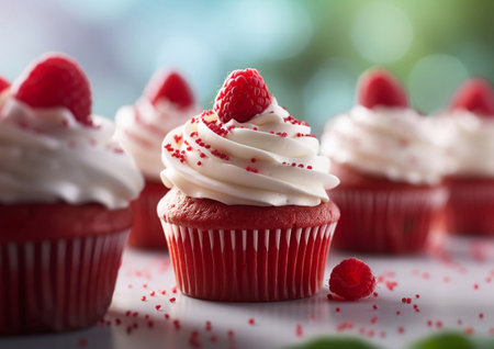 Sweet tasty red cupcakes with cream and raspberry on table.AI Generativeの素材