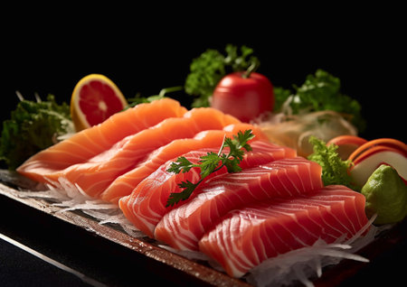 Sashimi raw seafood meal in plate on black background.AI Generativeの素材