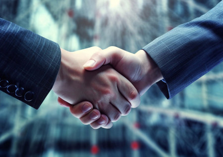 Business partners greeting handshake in office building.AI Generativeの素材