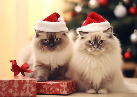Two ragdoll cute kittens cats with santa hat on christmas tree room background with presents.AI Generativeの素材