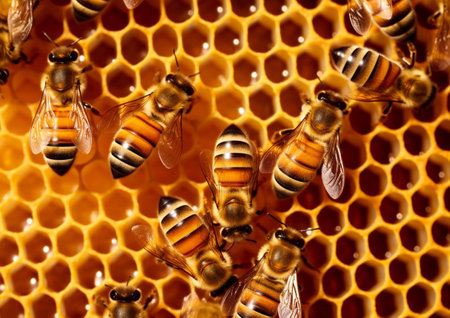 Yellow honeycomb with bees making healthy honey on sunny summer day.AI Generativeの素材