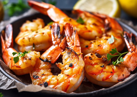 Grilled shrimps prawns and lemon with herbs in plate on table.AI Generativeの素材
