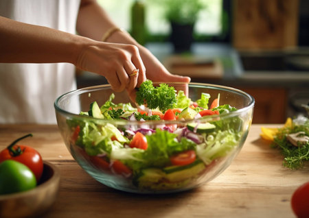 Young woman preparing salad with healthy vegetables in glass bowl on kitchen background.AI Generativeの素材