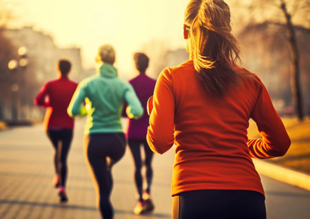 Young women friends running and jogging during evening workout.AI Generative.の素材