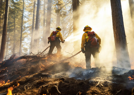 Two firefighters in forest after extinguished of fire.AI Generativeの素材