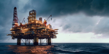 Large offshore oil and gas drilling installation at sea.AI Generativeの素材