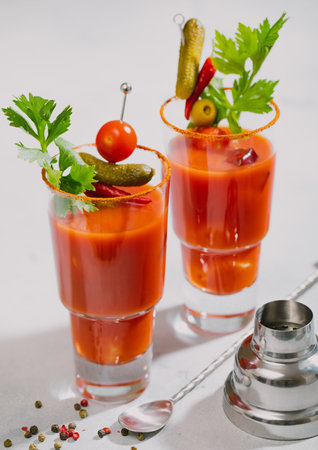 Glasses of bloody mary cocktail with shaker and spoon on light background.の写真素材