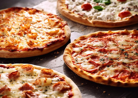 Various fresh homemade pizza on fast food restaurant table.AI Generativeの素材