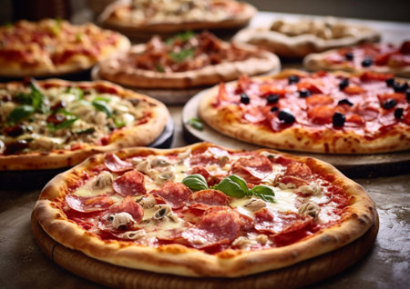 Baked crispy pizza selection with cheese,sausage, pepperoni on pizza table background.AI Generativeの素材