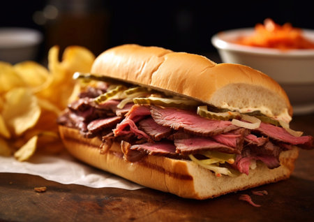 Submarine sandwich with red roast beef with crisps on wooden table.AI Generativeの素材