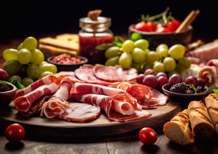 Snack board with various ham,cheese,grapes,olives and breadsticks on wooden table.AI Generativeの素材