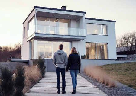 Young couple looking at modern scandinavian style house.AI Generativeの素材