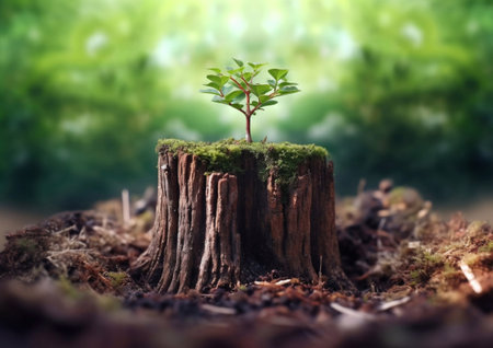 New life and hope concept with young tree growing from old stump.AI Generativeの素材