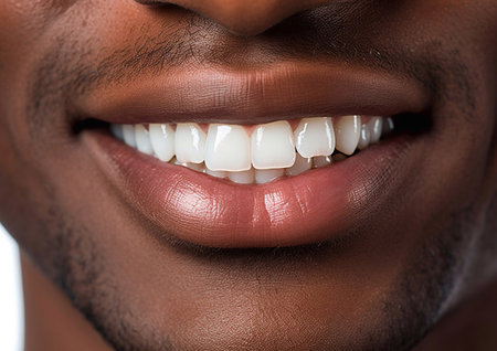 Dark skin young man close up detail healthy white teeth.AI Generativeの素材