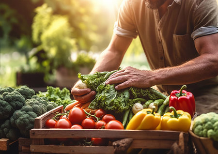 Man harvesting ripe organic fresh vegetables on his own organic farm on summer sunny day.AI Generativeの素材