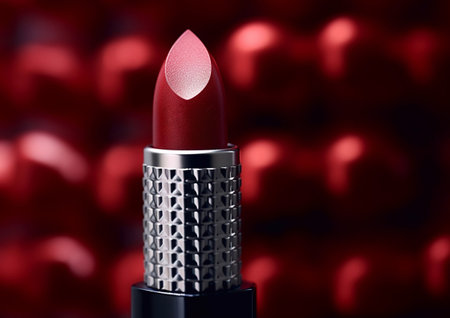 Dark red luxury matt lipstick on red background.AI Generativeの素材