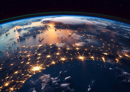 View from space on night city through clouds panoramic angle.AI Generativeの素材