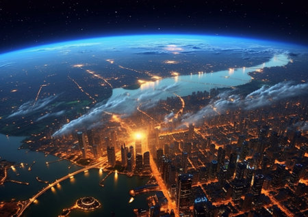 Panoramic view from space on large nigth city with light.AI Generativeの素材