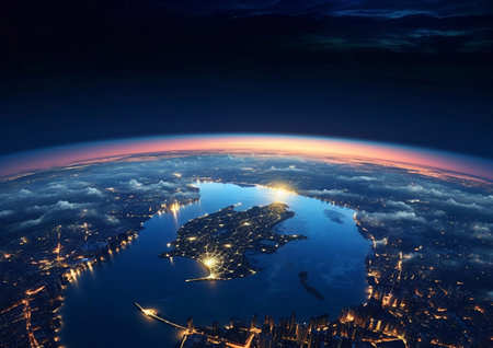 View from space with sunrise and night city through clouds.AI Generativeの素材