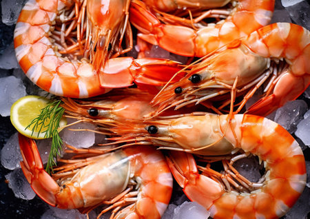 Raw fresh king prawns shrimps with lemon on melted ice.AI generativeの素材