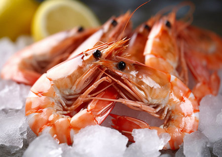 Raw fresh king prawns shrimps with lemon on melted ice.AI generativeの素材
