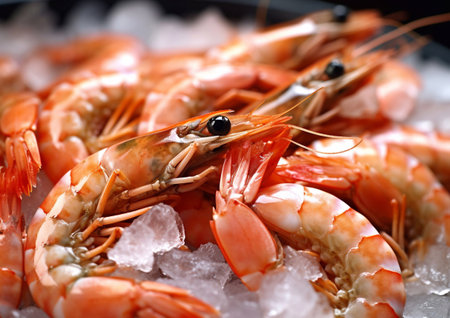 Fresh king prawns shrimps on melted ice in seafood market.AI generativeの素材