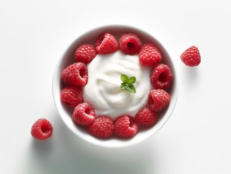 Bowl of organic natural yogurt and fresh raw ripe raspberries.AI Generativeの素材