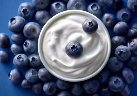 Bowl of organic natural yogurt and fresh raw ripe blueberries.AI Generativeの素材