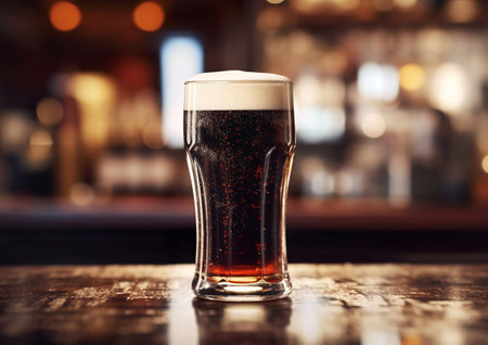 Classic stout dark beer in glass on wooden table.AI Generativeの素材