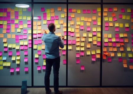 Office worker looking at sticky notes on wall and generating new plan or idea.AI Generativeの素材