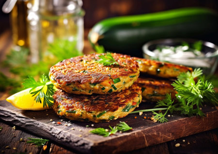 Vegetarian zucchini for vegan burgers burger with vegetables on background.AI Generativeの素材