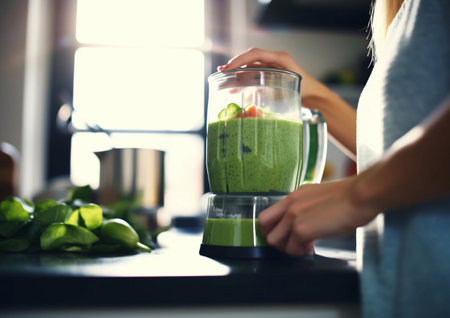 Healthy vegan green smoothie cocktail in kitchen prepared in blender by young woman.AI Generativeの素材