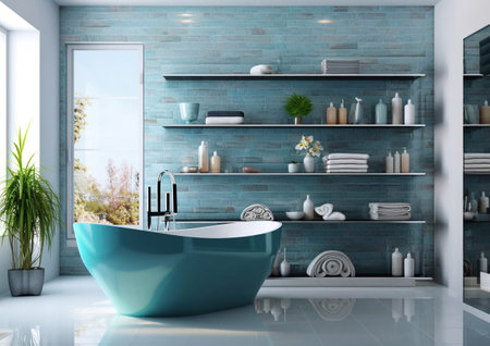 Penthouse bathroom with large window with blue marine bathtub and modern style interiour.AI Generativeの素材