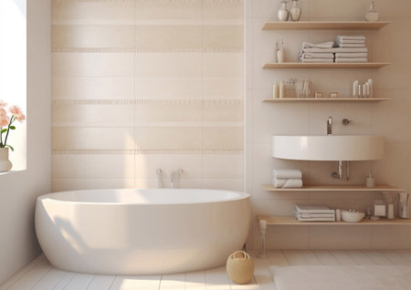 Modern scandinavian style bathroom interior with shelves and bathtub with beige tones.AI Generativeの素材