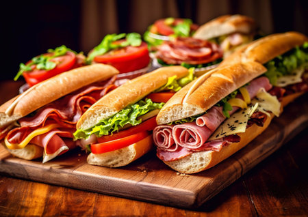 Assorted delicious submarine sandwiches on wooden table.AI Generativeの素材