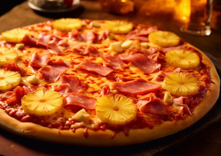 Crispy hawaiian pizza with pineapple slices and ham on wooden table.AI Generativeの素材