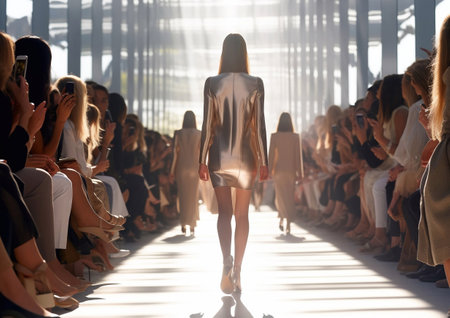 Fashion week runway with beautiful model on catwalk.AI Generativeの素材