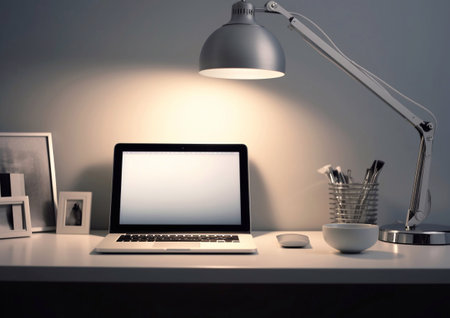 Modern home workspace desk setup with laptop,lamp and books.AI Generativeの素材