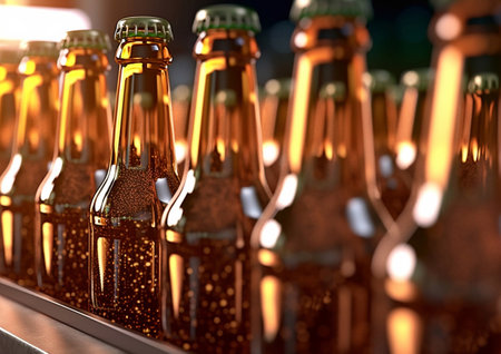 Modern production line on beer factory conveyor with brown glass bottles.AI Generativeの素材