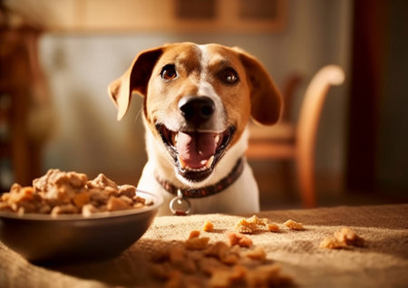 Cute dog sitting next to steel bowl with food.AI Generativeの素材