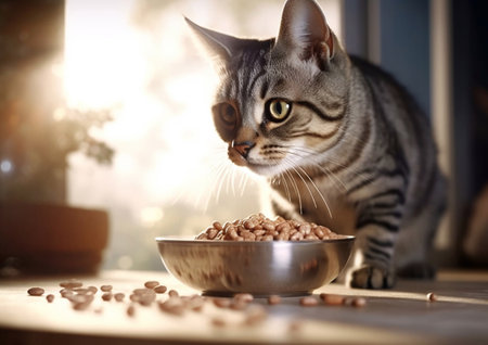 Cat sitting next to steel bowl with food.AI Generativeの素材